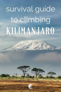 the cover of a survival guide to climbing kiliman jaro, with trees and mountains in the background