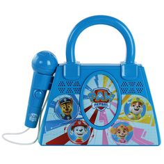 a blue purse with paw patrol stickers on the front and sides, attached to a cord