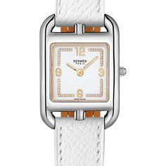 Cape Cod, the elegant seaside resort on the east coast of the United States, is also the name of a line of Hermès watches expressing a style based on “elegance in movement”. Steel watch, quartz movement, diamond-set white-lacquered dial, long interchangeable strap in white Epsom calfskin Inspired by Hermès' signature Chaîne d'Ancre link, Henri d'Origny created the 'Cape Cod' watch for the Maison in 1991, and today it's available in so many beautiful variations CASE WIDTH: 23 mm LUG TO LUG HEIGHT: 31 mm MATERIAL: Stainless Steel CASE BACK: Solid CRYSTAL: Anti-glare sapphire crystal DIAL: Diamond-set spangled white-lacquered dial, champleve gilded wire, 50 diamonds (0.04 ct) CROWN: Pull / Push MOVEMENT Quartz, Swiss Made Hour, minute functions Water-resistant to 3 bar. Avoid all contact with Laurent Ferrier, Hermes Watch, Dating Women, Jewelry By Brand, Gold Watch Men, Steel Watch, Fire Heart, Classic Watches, Watches Jewelry