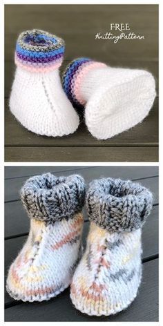 crocheted baby booties are shown in three different colors and sizes, with the bottom