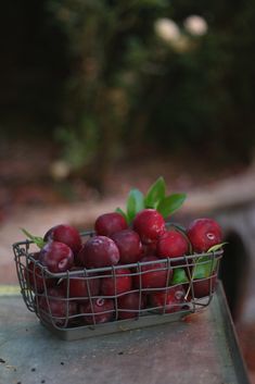 a metal basket filled with cherries on top of a table