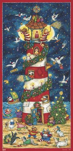 a christmas card with a lighthouse and trees on it, surrounded by other holiday decorations