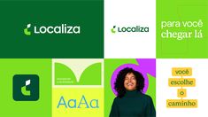 a woman standing in front of a green and white background with logos on it, including books