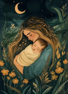 a woman holding a baby in her arms with the moon above her and flowers around her