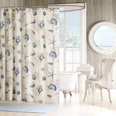 Coastal Motif Shower Curtain-Shower Curtain-Nautical Decor and Gifts Seashell Shower Curtain, Coastal Shower Curtain, Bathroom Theme, Shower Curtain Blue, Beach Shower Curtains, Nautical Bathroom, Long Shower Curtains, Home Essence, Beach Theme Bathroom