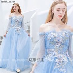 Princess Fairy Dress, Girls Evening Dresses, Sky Blue Prom Dress, Long Sleeve Homecoming Dresses, Princess Prom Dresses, Blue Prom Dress, Dress With Embroidery, Junior Prom Dresses, Tulle Evening Dress