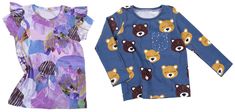 two children's clothing are shown next to each other, one is blue and the other has brown bears on it