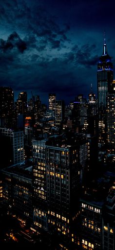 the city skyline is lit up at night, with skyscrapers in the foreground