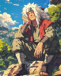 an anime character sitting on top of a rock next to trees and clouds in the sky