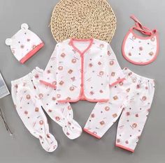 Newborn Cotton Five Piece Set Wholesale Baby Clothes Manufacturers - PrettyKid White Cartoon Print Winter Sets, White Winter Sets With Cartoon Print, White Cartoon Print Sets For Winter, Pink Cotton Sets With Cartoon Print, Pink Cotton Sets For Winter, Multicolor Long Sleeve Playtime Sets, Pink Cotton Winter Sets, Family Matching Pink Sets For Spring, Spring Family Matching Pink Sets