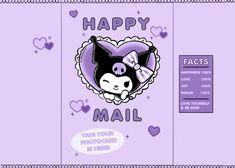 a purple greeting card with an image of a cat in a heart and the words happy mail