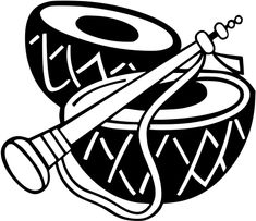 a black and white drawing of a drum with a pair of scissors