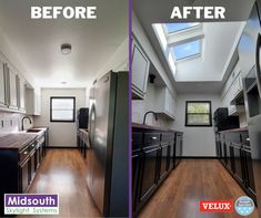 before and after photos of a kitchen remodel with skylights on the ceiling