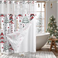 a white bath tub sitting next to a christmas tree shower curtain in front of a window