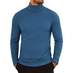 -Soft Ribbed Knitted Turtleneck T Shirts, Lightweight And Stretch Slim Fit Pullover Shirts, Bring Comfortable Wearing Experience. -Men's Casual Basic Turtleneck Shirts, Classic Style Long Sleeve High Neck T Shirts, Solid Color Thermal Turtle Neck Tee Shirts, Slim Fit Pullover Sweater, Fashion And Modern. -Matching Mens Turtle Neck Shirts With Jeans Or Pants For A Casual Look; Pairing This Lightweight Turtleneck Sweater With A Blazer Or Sport Coat, Overcoat, Denim Jacket For A Modern And Fashion Blue Casual T-shirt With Ribbed Collar, Casual Knit Turtleneck Tops, Long Sleeve Knit T-shirt For Winter, Knit Long Sleeve T-shirt For Winter, Knit Long Sleeve T-shirt For Fall, Winter Knit Long Sleeve T-shirt, Blue Cotton Sweater With Ribbed Neckline, Blue Knit Long Sleeve Turtleneck, Winter Light Blue Ribbed Top