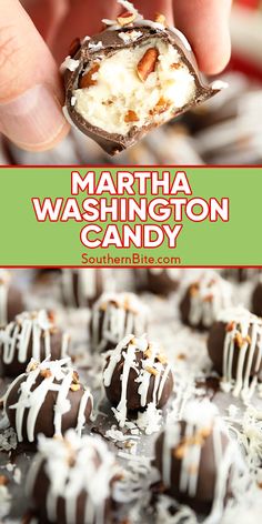 someone holding a chocolate covered candy in their hand with the title text overlay reads martha washington candy