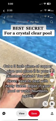 an iphone screen with the text best secret for a crystal clear pool