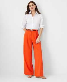 Elevate your wardrobe with the Ann Taylor Petite Single Pleated Wide Leg Pant in the vibrant Flame Azalea shade. Designed specifically for the modern woman, these pants combine style and comfort seamlessly.

- **Size:** Petite 4
- **Color:** Flame Azalea
- **Material:** 73% Polyester, 20% Rayon, 7% Spandex
- **Fit:** Relaxed and easy
- **Rise:** High rise; sits 1/2" to 1" below natural waist
- **Length:** Full length; 28 1/2" inseam with a 24" leg opening
- **Leg Shape:** Wide leg for a statemen Flame Azalea, Orange Pants Outfit, Dressy Jeans Outfit, Jeans Outfit For Work, High Waisted Pants Outfit, Wide Leg Pants Outfit, Orange Pants, Suit Jackets For Women, Wide Leg Dress Pants