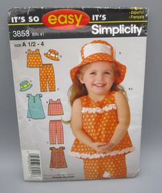 Simplicity Pattern #3853.  Brand new pattern.  Factory folded.  Uncut.   Toddlers' Dress, Top, Pants and Hat Uncut & factory folded pattern Size A (1/2-4) ~ Hat is for 3 sizes (Small, Medium, Large) Pattern is in English, French and Spanish Toddler Summer Dresses, Toddler Sewing Patterns, Toddler Dress Patterns, Patron Vintage, Hat Patterns To Sew, Easy Toddler, Sewing Patterns Girls, Childrens Dress, Simplicity Sewing