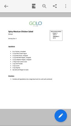 the menu for spicy mexican chicken salad is shown on an iphone screen, and it appears to be in english or spanish