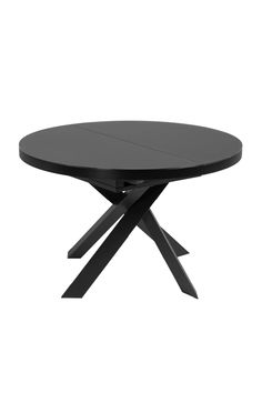 a black table with two crossed legs and a round top on an isolated white background