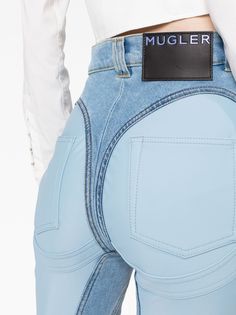 Find MUGLER Spiral Skinny Jeans on Editorialist. light blue stretch-cotton denim panelled design logo patch to the rear high-waisted belt loops concealed fly and button fastening classic five pockets skinny cut Modern Fitted Blue Bottoms, Trendy Blue Bottoms With Contrast Stitching, Mugler Jeans, Panel Design, Design Logo, Denim Fashion, Stretch Cotton, Patch Logo, Date Night