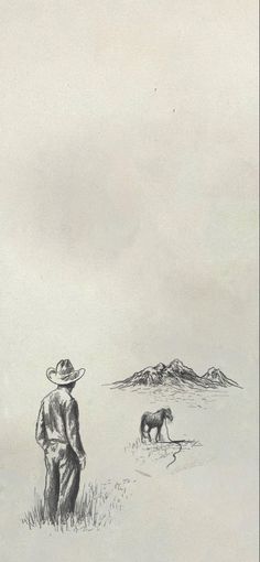 a drawing of a man with a hat standing in the grass next to an animal