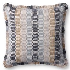 a blue and beige striped pillow with fringes