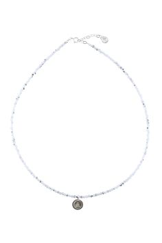 Elevate you style with the Aura Rainbow Moonstone Silver Necklace. This exquisite piece features stunning natural stones delicately embraced by a silver charm. The perfect blend of elegance and sophistication, this necklace is a must-have for any fashion-forward individual. White Moonstone Crystal Necklace With Moon Charm, Delicate Silver Jewelry With Gemstone Beads, Dainty Silver Necklace With Gemstone Beads, White Crystal Pendant Necklace With Moon Charm, Elegant Moonstone Necklaces With Gemstone Beads, Elegant Moonstone Necklace With Gemstone Beads, Sterling Silver Necklaces With White Natural Stones, White Spiritual Crystal Necklace With Moon Charm, Spiritual White Necklace With Moon Charm