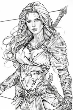 Dive into a world of fantasy with this free printable coloring page featuring a beautiful female warrior. Adorned in ornate armor, with a dynamic pose and a backdrop that suggests epic tales of battle and bravery, this coloring page is perfect for those who love stories of heroines and mythic adventures. Whether you choose to give her armor a metallic sheen or vibrant colors, this page offers a fantastic opportunity to express creativity and enjoy the art of coloring. Ideal for both adults and older children who enjoy detailed designs and powerful characters. 🛡️✨ #FantasyColoring #FemaleWarrior #FreeColoringPage Fantasy Coloring Pages For Adults, Ornate Armor, Viking Drawings, Fantasy Coloring Pages, Warrior Drawing, Japanese Dragon Tattoo, Coloring Page Free Printable, Comic Book Girl