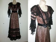 Antique Victorian 3 piece lace dress.  This lovely gem is made of black net lace layered over pink silk and cotton, features many rows of very full ruffles with silk, the bell sleeves are wonderful.  There is a lace and satin sash.  The interior of the skirt and blouse is fully lined, the blouse is boned.  Closes with eye hook closures. The lace is quite amazing!   This dress is in very nice vintage condition.   There are several broken brides in the lace, Formal Victorian Dress With Lace Sleeves, Victorian Lace Formal Dress, Vintage Lace Dress For Formal Events, Vintage Lace Dress For Formal Occasions, Black Vintage Dress With Lace Trim, Formal Vintage Lace Dress, Fitted Vintage Victorian Dress With Lace Patchwork, Vintage Fitted Lace Dress With Ruffles, Black Vintage Victorian Dress