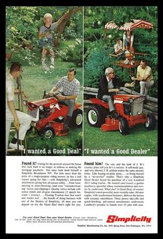 an advertisement for a lawn mower with two men on it and another man sitting in the