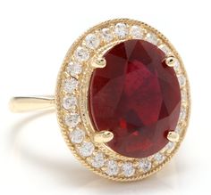 11.75 Carats Impressive Natural Red Ruby and Diamond 14K Yellow Gold Ring Suggested Replacement Value: $6,800.00 Total Red Ruby Weight is: Approx. 11.00 Carats (Lead Glass Filled) Ruby Measures: Approx. 14.00 x 11.00mm Natural Round Diamonds Weight: Approx. 0.75 Carats (color G-H / Clarity SI) Ring total weight: Approx. 7.8 grams Disclaimer: all weights, measurements and colors are approximate and may vary slightly from the listed dimensions or as seen in the image. All pictures are magnified to Luxury Ruby Ring With Halo, Red Diamond Ring For Formal Occasions, Luxury Red Ruby Ring For Formal Occasions, Gia Certified Red Diamond Ring For Formal Occasions, Elegant Gia Certified Gold Ruby Ring, Red Ruby Ring With Halo Setting For Formal Occasions, Luxury Red Ruby Ring For Anniversary, Luxury Red Halo Ruby Ring, Classic Red Diamond Ring For Formal Occasions