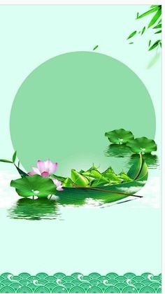 the lotus flower is floating in the water with green leaves and an empty circle above it