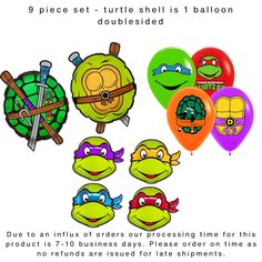 an image of teenage mutant ninja turtles with balloons and masks for birthdays or parties