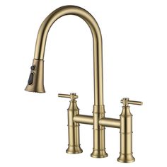 a brass colored faucet with two handles