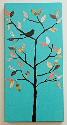 a painting of a tree with leaves painted on the branches and birds perched on it