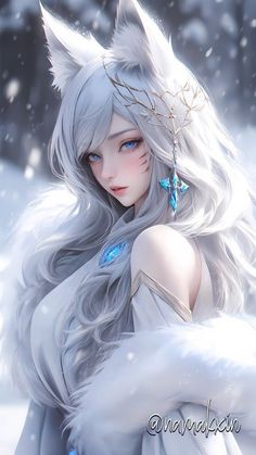 an anime character with long gray hair and blue eyes wearing a white dress in the snow