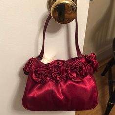 Sasha Nyc Satin Garnet/Red Evening Bag Satin Flowers Surround The Top Was Never Used Still Has Tags But Has Some Staining On Both Sides As Pictured. Likely From When Handle Was Against Bag In Storage Bin, See All Photos Magnetic Closure Small Handle Bundle And Save Cheap Elegant Red Baguette Bag, Red Evening Bag, Trending Bags, Satin Purses, Diy Crochet Bag, Diy Bag Designs, Diy Bags Patterns, Bag Designs, Red Accessories