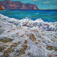 an oil painting of waves crashing on the beach