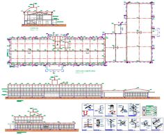 an architectural drawing shows the layout and construction details for a building with multiple sections, including two