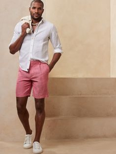 Casual and lightweight, these single pleat linen shorts are a smart style when temperatures soar.  Secure them with your favorite burnished leather belt for rugged appeal.  STRAIGHT FIT: Straight through the hip and thigh.  Zip fly with button closur Linen Short, Linen Shorts, Leather Belt, Banana Republic, Leather