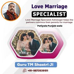 an advertisement for love marriage specialist with two people in the background and one person kissing