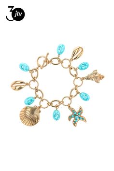 Off Park�� Collection, Pearl Simulant Gold Tone Sea Life Charm Bracelet. Measures Approximately 7.75"L . Charm Measures Approximately 1.36"L x 1.13"W. Toggle Closure. Beach Jewelry With Lobster Clasp, Beach Charms Bracelet Jewelry, Gold Metal Charm Bracelet For Beach, Beach Jewelry With Metal Charms, Adjustable Chain Bracelet For Beach, Vacation Bracelet With Lobster Clasp, Adjustable Metal Bracelet For Vacation, Adjustable Metal Bracelets For Vacation, Blue Metal Bracelets For Beach