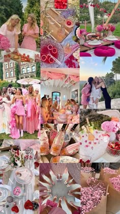 a collage of photos with pink and white decorations on them, including flowers, hearts,