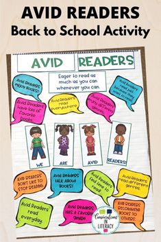 an avid reader's back to school activity with speech bubbles on the front page