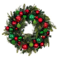 a christmas wreath with red, green and gold ornaments