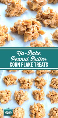 no bake peanut butter corn flake treats on a baking sheet with text overlay