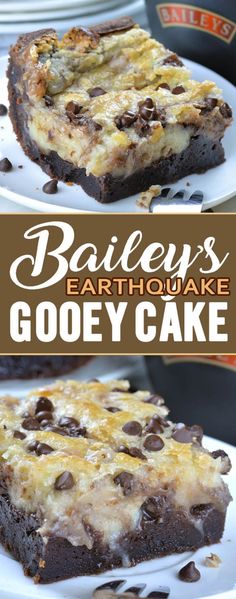 bailey's earthowake gooey cake on a plate with the title above it