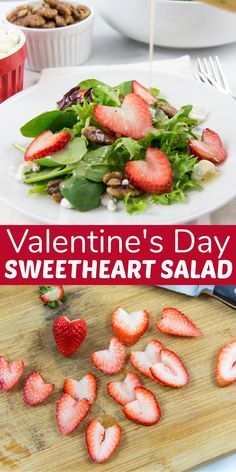 valentine's day sweet heart salad with strawberries on the plate and bowl of nuts in the background